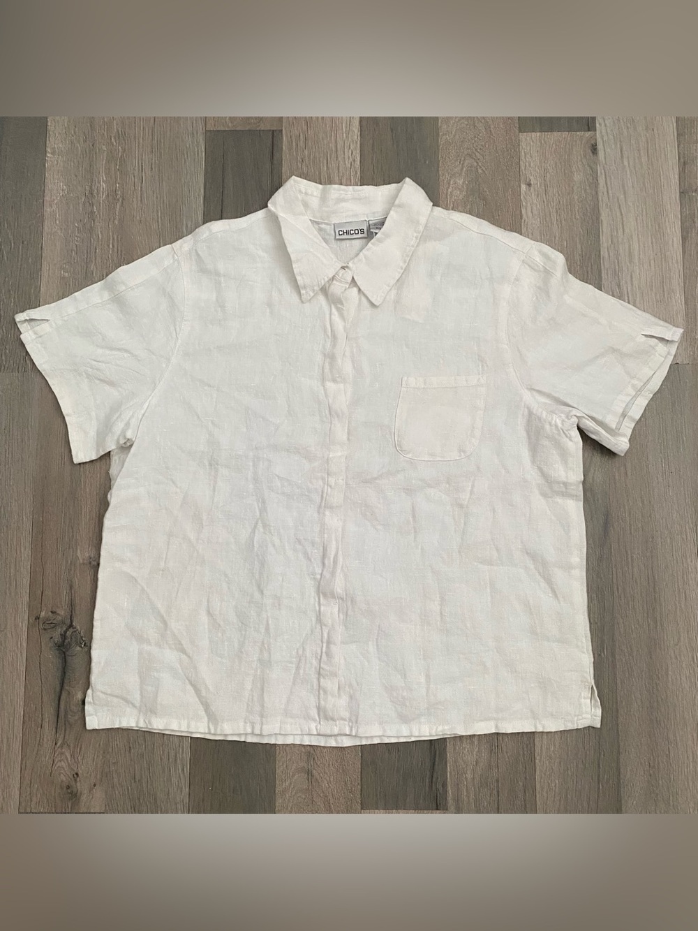 Chico's White Oversize Linen Short Sleeve Button Down Shirt